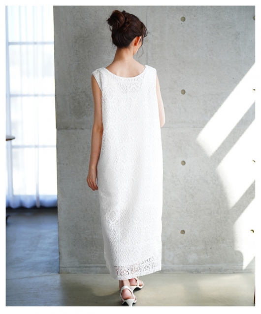 レディース 大人 上品 風通り抜けるレース編みノースリーブロング