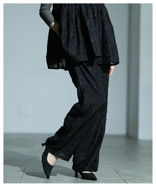 レディース 大人 上品 立体花刺繍オーガンジーセミワイドパンツ almam