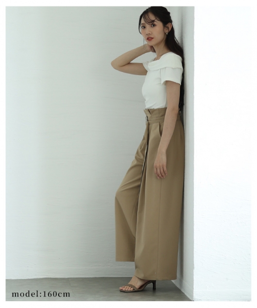elmyu ロゴベルトセットスカートパンツ サマーセール特別価格】 レディース 大人 上品 ベルト付タックワイド