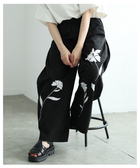 レディース 大人 上品 拘りの配色が効くインド手刺繍ワイドパンツ alwc