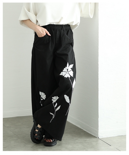 レディース 大人 上品 拘りの配色が効くインド手刺繍ワイドパンツ alwc