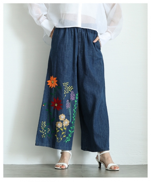 花を添えたインド手刺繍デニムワイドパンツ