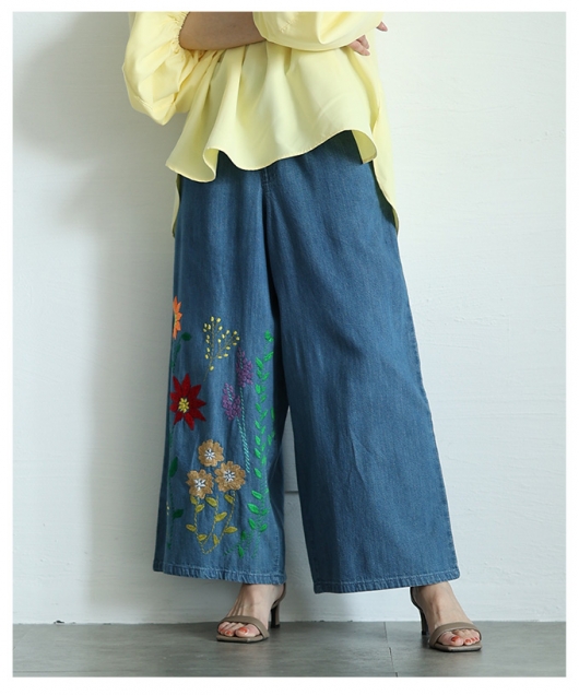 花を添えたインド手刺繍デニムワイドパンツ