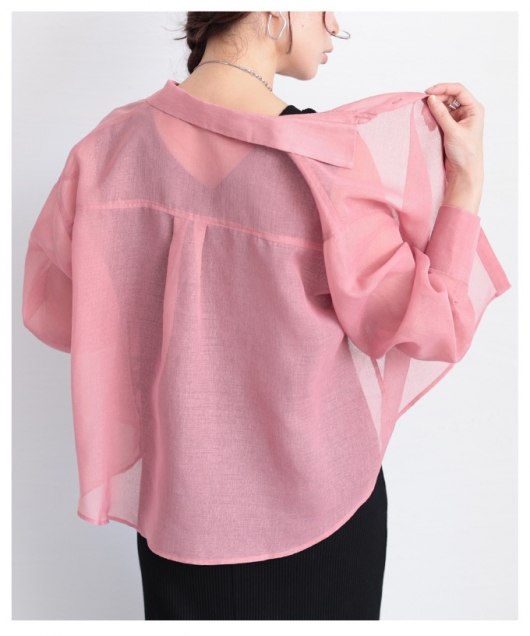 レディース 大人 上品 襟付きショート丈シアーシャツブラウス【メール