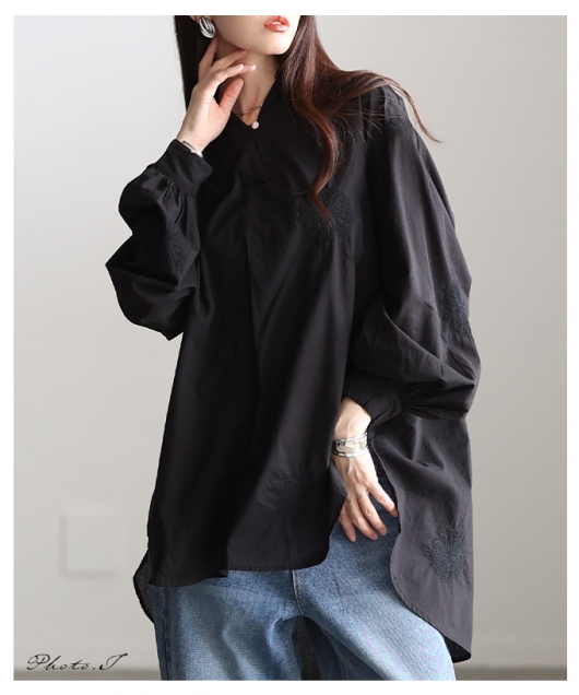 レディース 大人 上品 花柄刺繍スキッパーチュニックシャツ【4月11日20