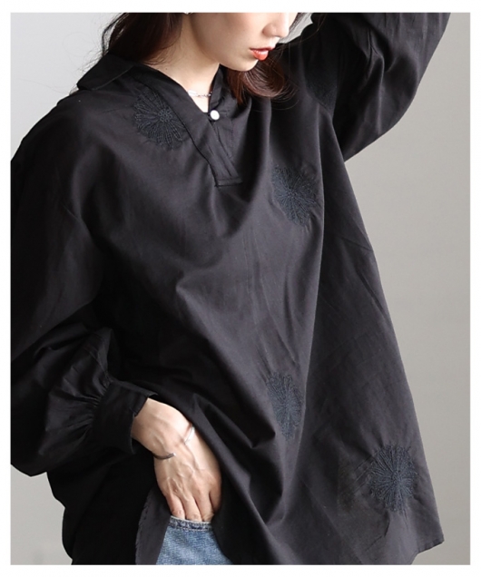 レディース 大人 上品 花柄刺繍スキッパーチュニックシャツ【4月11日20