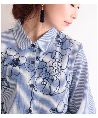 レディース 大人 上品 巻き散る花たちロングシャツ mode-0396