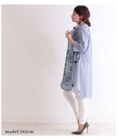 レディース 大人 上品 巻き散る花たちロングシャツ mode-0396