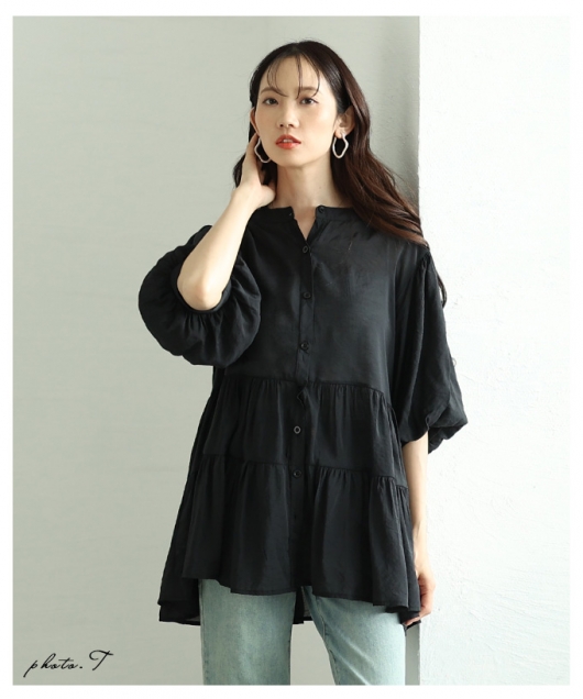 美品＊プランテーション 黒 シアー チュニックワンピース 半袖 M 製品洗い セール】 【洗える】ストレッチバックサテンジョーゼット A
