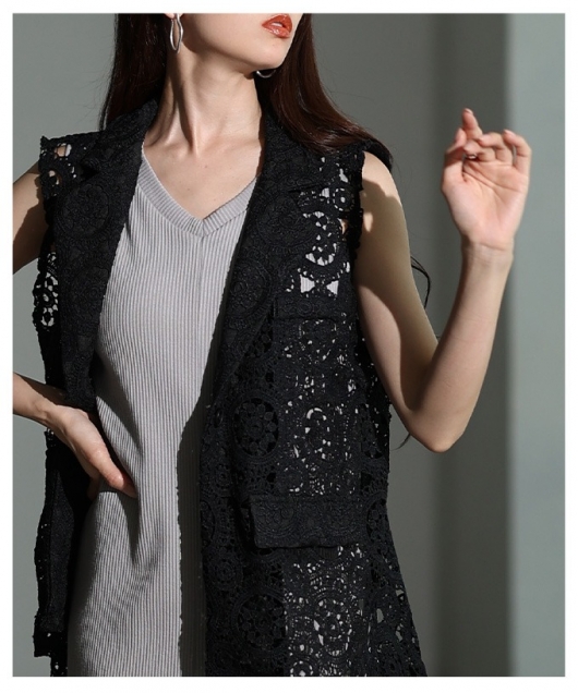 EIKO KONDO レース編み黒アウタージャケットベスト美品ジレ レディース 大人 上品 総レースジレジャケット【メール便可】 mode