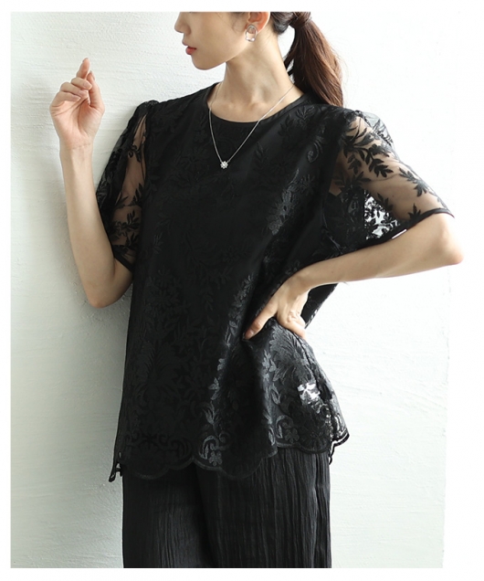 レディース 大人 上品 刺繍ベールシアーブラウス【8月14日20時
