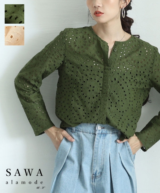 PICK UP コットンハウスアヤ　サークル刺繍レースコットンブラウス Cotton House Aya】オリジナルレース付きノー