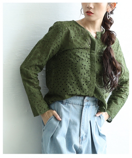マーラカランコエ　刺繍 レース ストライプ ブラウス グリーン マーラカランコエ 刺繍 レース ストライプ ブラウス グリーン