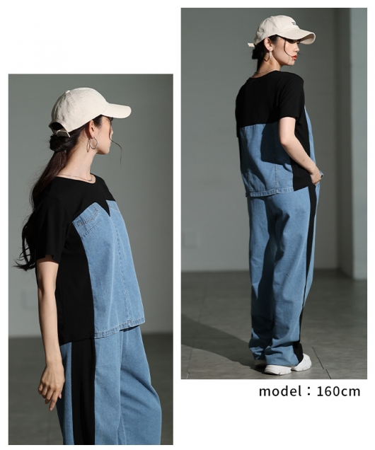 レディース 大人 上品 デニムドッキングサイドラインセットアップ mode