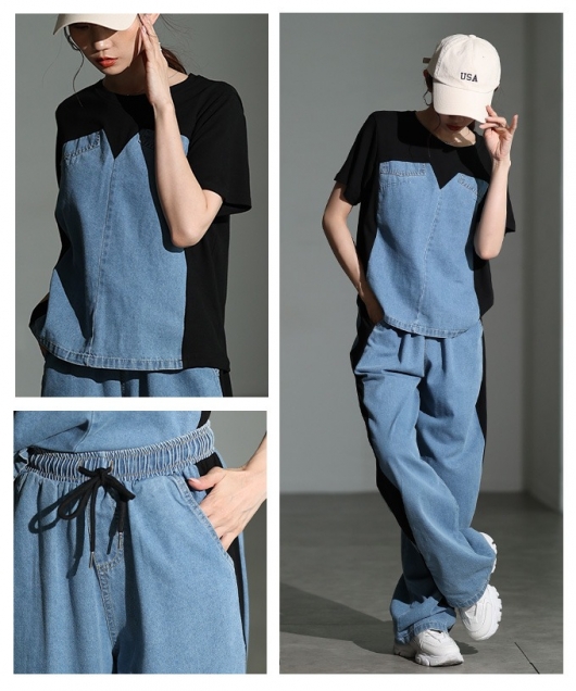 レディース 大人 上品 デニムドッキングサイドラインセットアップ mode