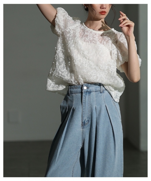 レディース 大人 上品 花柄風コード刺繍レースシアーブラウス【8