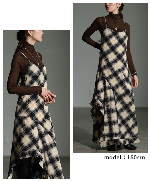 レディース 大人 上品 チェック柄アシンメトリーフレアキャミ