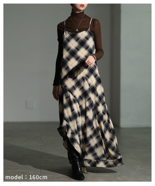 レディース 大人 上品 チェック柄アシンメトリーフレアキャミ