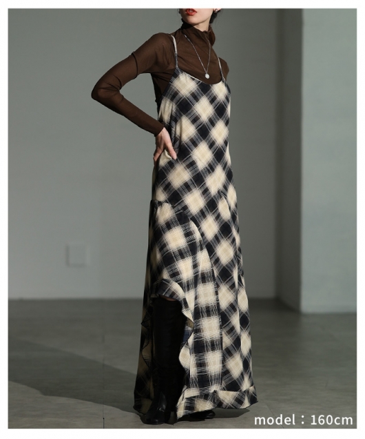 レディース 大人 上品 チェック柄アシンメトリーフレアキャミ