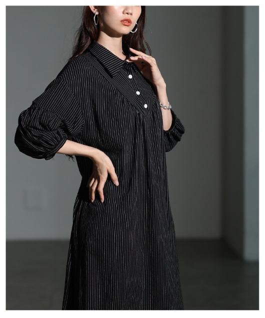 MI AND MOU シャツワンピース ブラックストライプ レディース 大人 上品 ストライプ柄シャツワンピース mode-10063