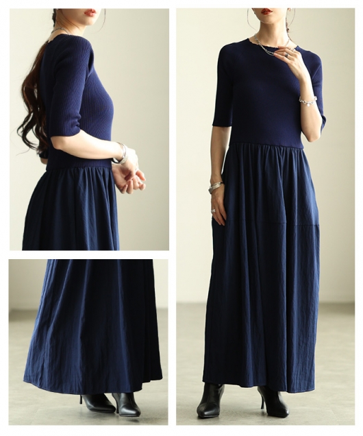 レディース 大人 上品 ドッキングフレアロングワンピース mode-10081