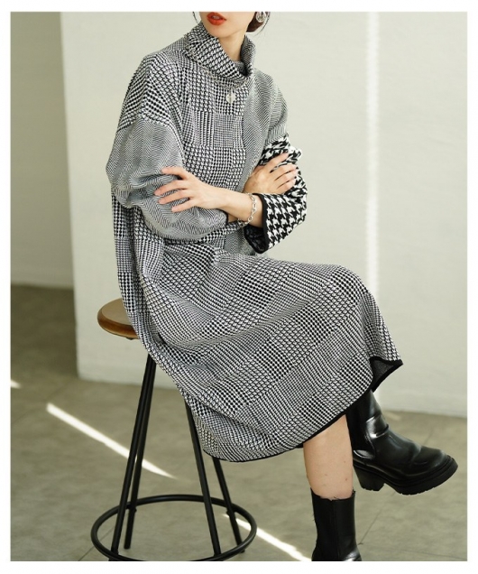 レディース 大人 上品 千鳥格子柄ハイネックニットワンピース【11月24