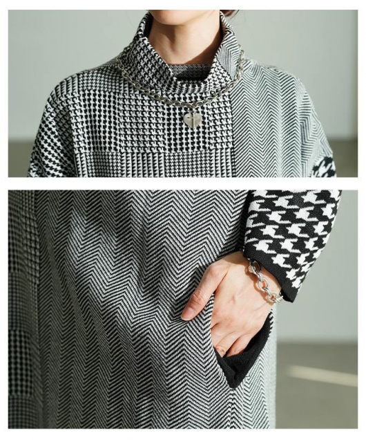 レディース 大人 上品 千鳥格子柄ハイネックニットワンピース【11月24