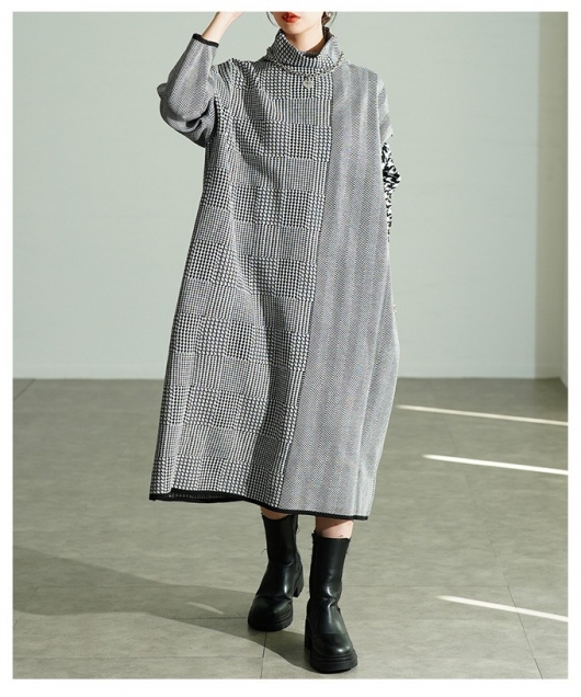 レディース 大人 上品 千鳥格子柄ハイネックニットワンピース【11月24