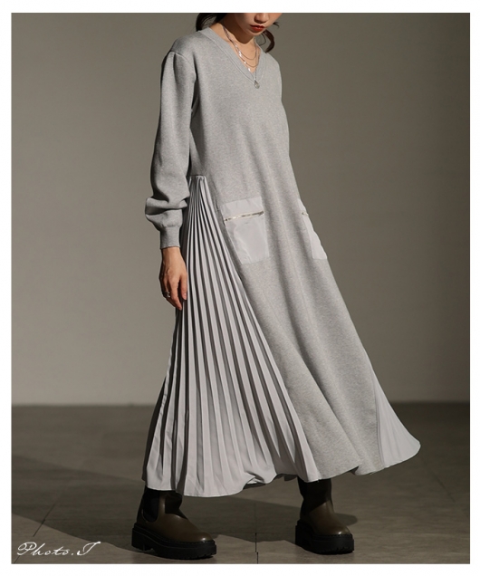 レディース 大人 上品 サイドプリーツ異素材ニットワンピース【11月29