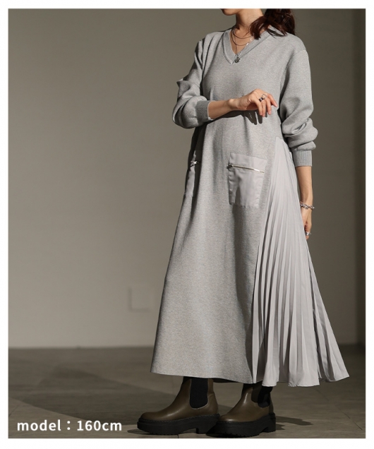 レディース 大人 上品 サイドプリーツ異素材ニットワンピース【11月29