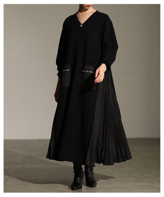 レディース 大人 上品 サイドプリーツ異素材ニットワンピース【11月29