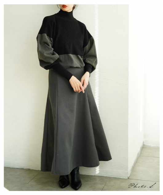 レディース 大人 上品 配色ハイネックニット×フレアスカート