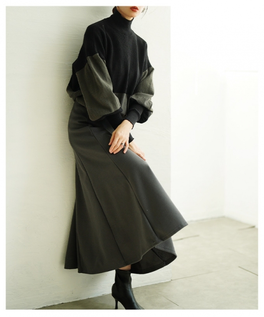レディース 大人 上品 配色ハイネックニット×フレアスカート