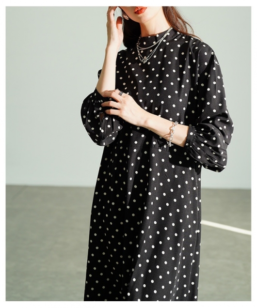 レディース 大人 上品 ドット柄パフスリーブフレアワンピース【11月24
