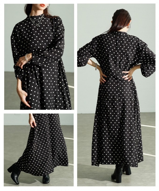 レディース 大人 上品 ドット柄パフスリーブフレアワンピース【11月24