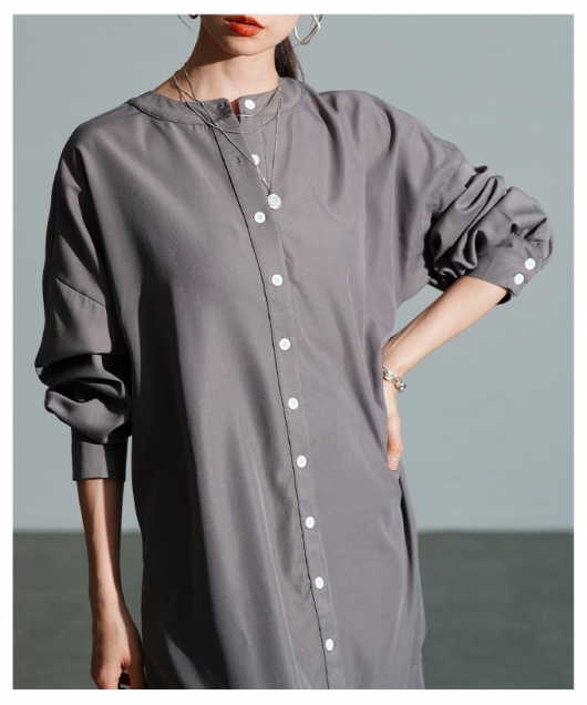 レディース 大人 上品 ノーカラーロングシャツワンピース【12月10日20