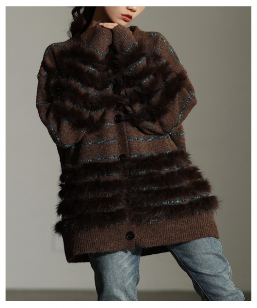 レディース 大人 上品 ジャガード×ファーボーダーニットカーディガン