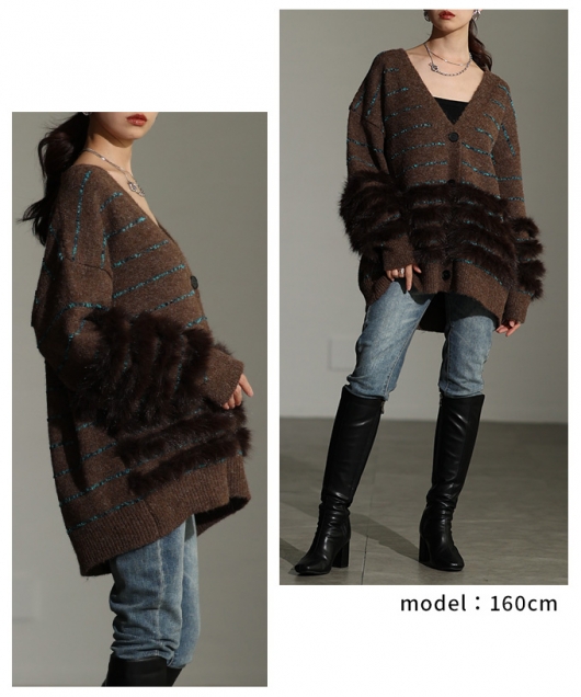 レディース 大人 上品 ジャガード×ファーボーダーニットカーディガン