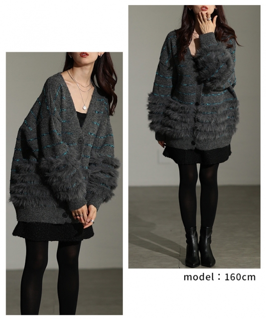 レディース 大人 上品 ジャガード×ファーボーダーニットカーディガン