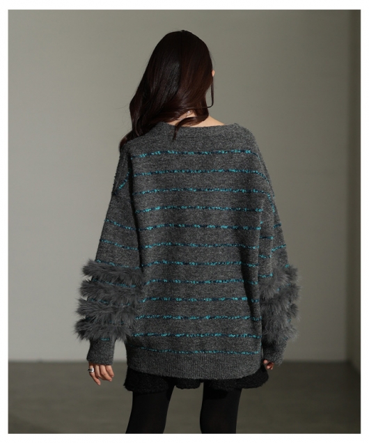 レディース 大人 上品 ジャガード×ファーボーダーニットカーディガン