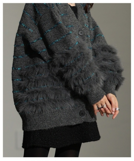 レディース 大人 上品 ジャガード×ファーボーダーニットカーディガン