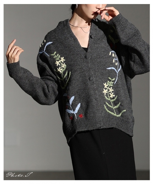 レディース 大人 上品 草花刺繍ラインニットカーディガン mode-10123