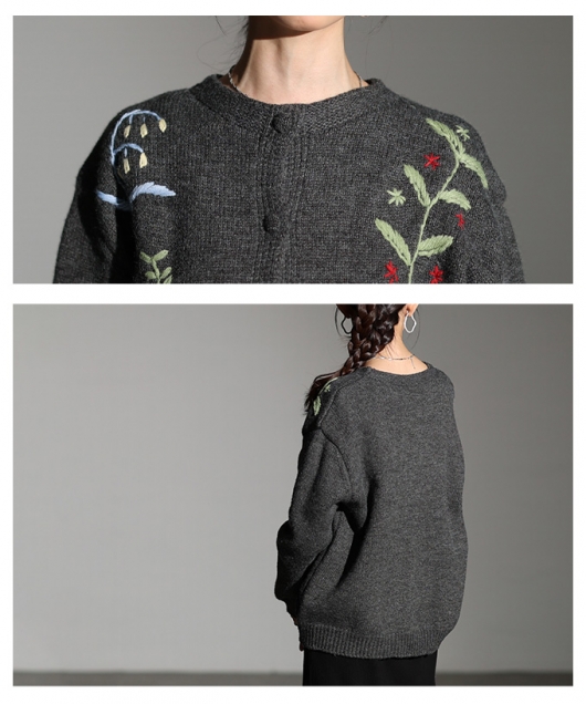 レディース 大人 上品 草花刺繍ラインニットカーディガン mode-10123