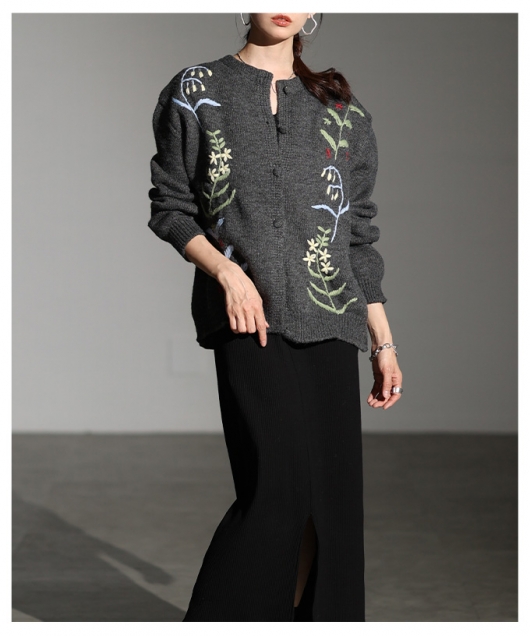 レディース 大人 上品 草花刺繍ラインニットカーディガン【12月13日20