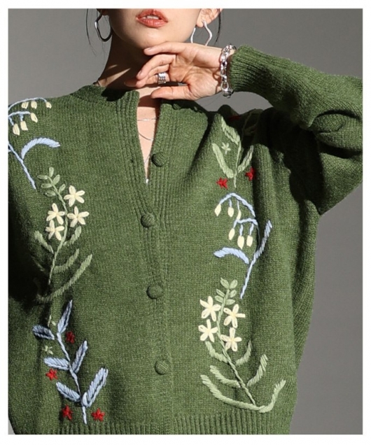 レディース 大人 上品 草花刺繍ラインニットカーディガン【12月13日20
