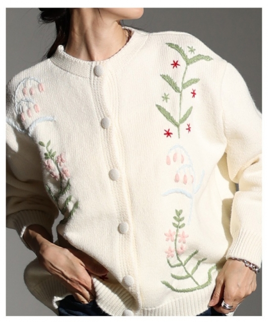 レディース 大人 上品 草花刺繍ラインニットカーディガン mode-10123