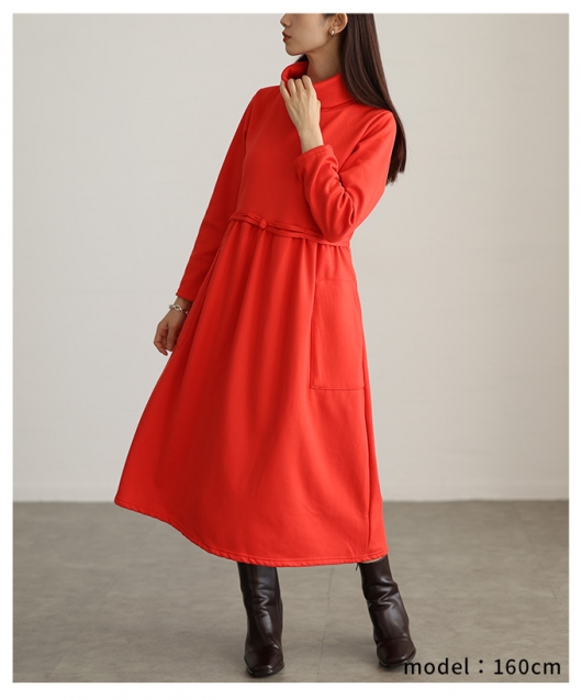 レディース 大人 上品 裏起毛ハイネックフレアワンピース【1月5日20時