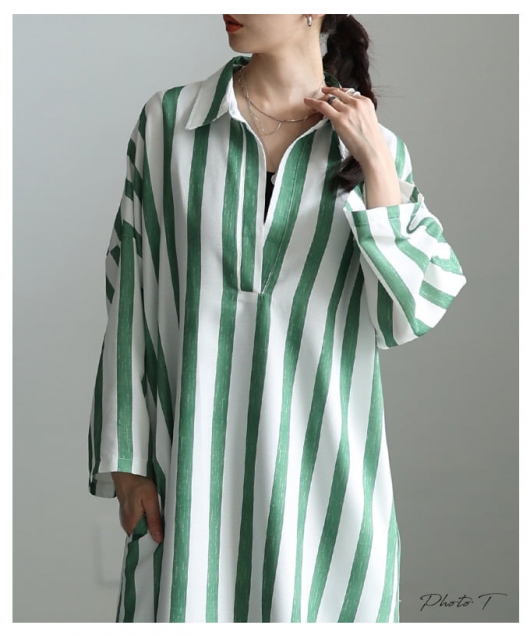 レディース 大人 上品 スキッパーネックストライプワンピース 【5月30