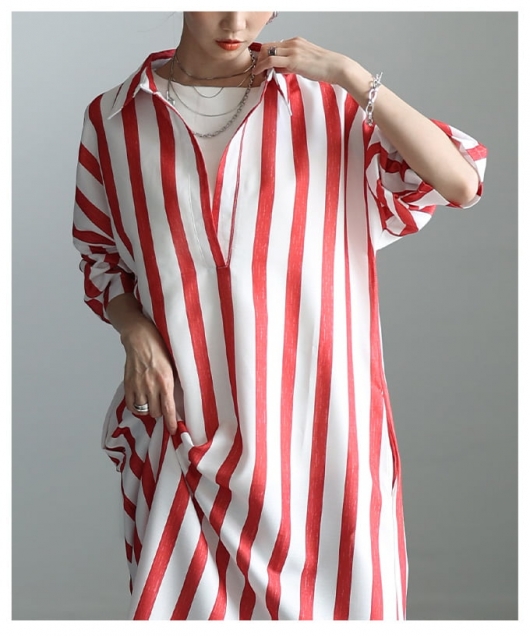 レディース 大人 上品 スキッパーネックストライプワンピース 【5月30