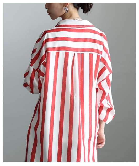 レディース 大人 上品 スキッパーネックストライプワンピース 【5月30